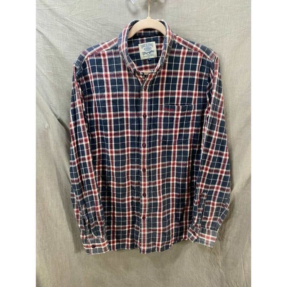 Wrangler Button Up Shirt Adult Large Red White Blue Check Long Sleeve Mens.